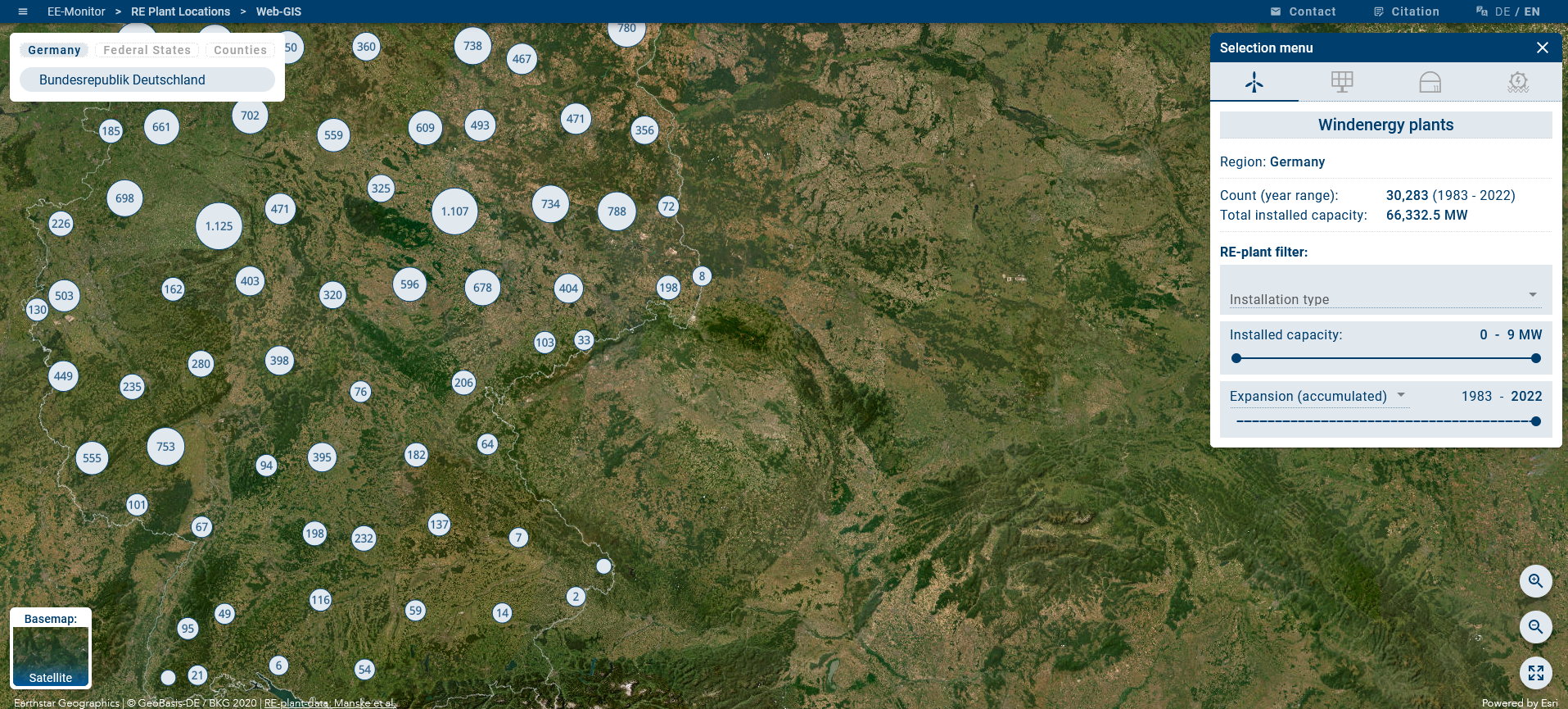 Darstellung der Windenergiestandort in Web-GIS-Anwendung des EE-Monitors